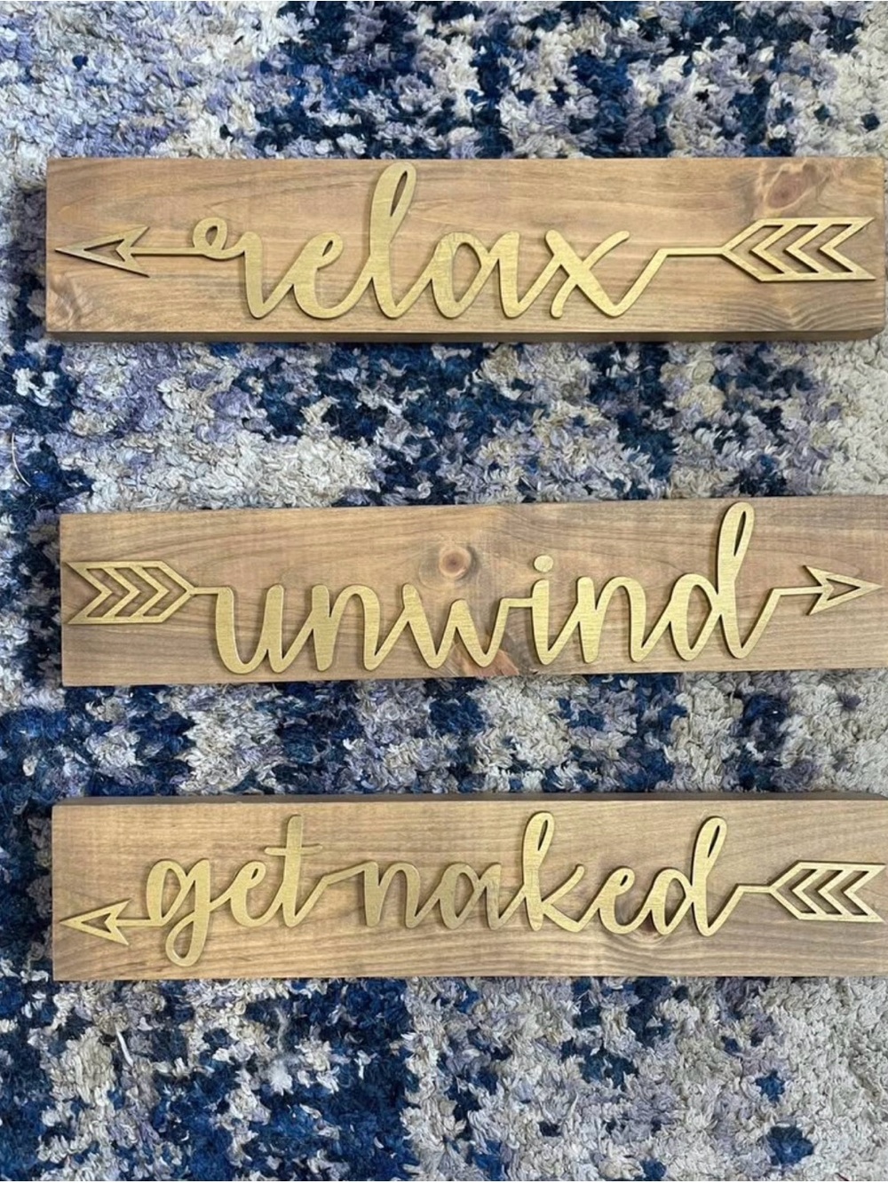 Gold Script Wall Signs - Relax, Unwind, Get Naked - Wood Home Wall Decor